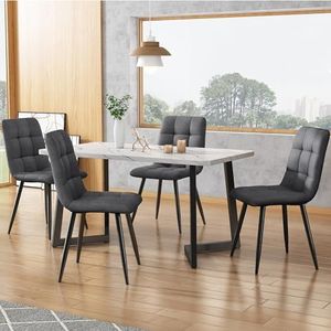 BXEYXE Eettafel met 4 stoelen, 117 cm, rechthoekige eettafel, moderne keukentafelset, donkergrijs linnen, eetkamerstoel, zwarte tafelpoten