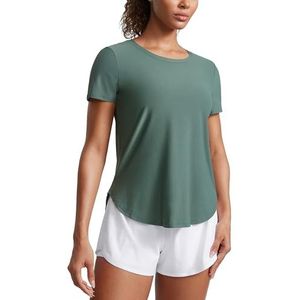 CRZ YOGA Cloudweight workouttops voor dames, lichtgewicht sportshirts met korte mouwen, T-shirts met zijsplit voor hardlopen in de sportschool Grafiet Groen M