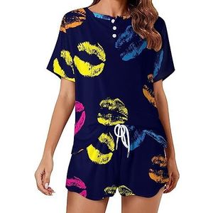 Neon Lips Kisses Mode 2 Stuks Dames Pyjama Sets Korte Mouw Nachtkleding Zachte Loungewear Stijl-5