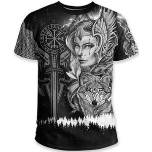 Middeleeuws Retro Noordse Krijger T-shirt, Heren Viking 3D Odin Fenrir Tattoo Totem Punk Street Korte Mouw, Zomer Vegvisir Ronde Hals Sneldrogende Heidense Top (Color : Viking A, Size : M)