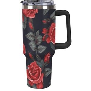 FHESDCW Mooie rode roos bloemen grote capaciteit autobeker 40 oz roestvrij stalen beker met handvat geïsoleerde waterfles met rietje en deksel bedrukte mokken past in de auto bekerhouder