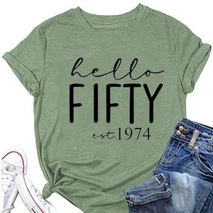 Hello Fifty Est 1974 Vrouwen Shirt 50e Verjaardagscadeau Tops Zomer Grappige Brief Print Tees Korte Mouw Retro T-shirts, Olijfgroen, S