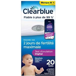 Clearblue Digitale ovulatietest, helpt bij het ontwerpen, 1 digitaal apparaat en 20 tests, signaleert je 2 vruchtbaarste dagen, maximaliseert je kansen om natuurlijk te ontwerpen, de verpakking kan
