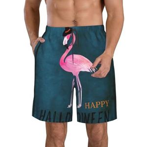 Halloween Flamingo Heks Hoed Print Heren Zwemmen Shorts Trunks Mannen Sneldrogend Ademend Strand Surfen Zwembroek met Zakken, Wit, XXL