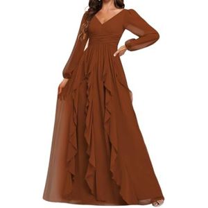 Prinses Bruidsmeisje Jurken Lange Mouw Prom Jurken V-hals Chiffon Formele Avond Party Maxi Jurk ZM208, Verbrand Oranje, 32