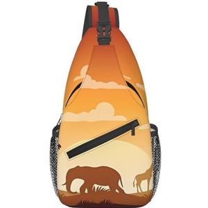 Modieuze moderne zwart-witgouden driehoeken geschikt voor sport, hardlopen, reizen, outdoor crossbodytassen voor heren en dames, Olifant en giraffe in de zonsondergang, Eén maat, Retro