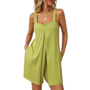 BANGHA Jumpsuits Voor Vrouwen Zomer Casual Vrouwen Groene Romper Verse Zoete Losse Vierkante Hals Jarretel Jumpsuit Shorts Sexy Effen Casual Shorts, Mosterd Groen, XL