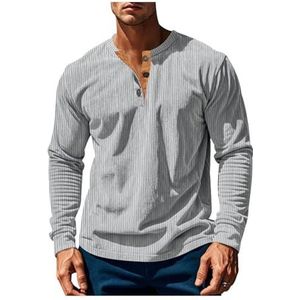 Heren Casual Ronde Hals Lange Mouw T-shirts Knoopsluiting Corduroy Slim-fit Ademend Effen Kleur Pullover ﻿ ﻿ ﻿(Gray,3XL)