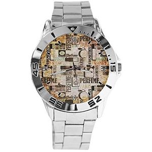 Retro Parfum Print Mode Vrouwen Horloges Sport Horloge Voor Mannen Casual Rvs Band Analoge Quartz Horloge, Zilver, armband