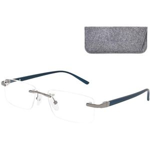 Leesbril Zonder Montuur Rechthoekig, inclusief GRATIS Brillenkoker, Metaal Frame (Blauw), Leeshulp Mannen en Vrouwen +1.5 Dioptrie