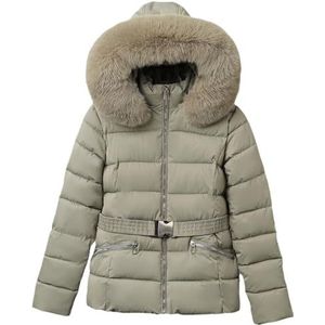 Dames Puffer Parka Met Riem en Capuchon Van Imitatiebont, Losse Pasvorm, Winddichte Winterjas for Warmte(Green-grey,XXX-Large)