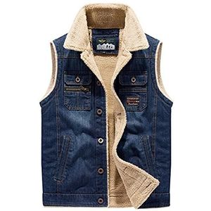 Mannen Warm Cargo Jean Vesten Fleece Gevoerde Winter Denim Vest Dikker Thermische Mouwloze Jassen Werkkleding, Blauw, 4XL