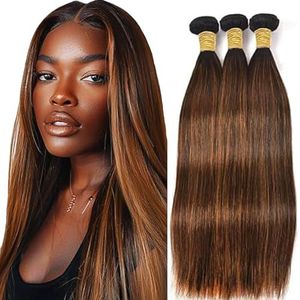 Tuheerst Straight Human Hair Bundles P430 Highlight Brown Real Hair Human Hair Extensions Sew in Hair Extension 3 Bundles Double Weft Remy Hair Low Shedding for Woman 20 20 20 Inch