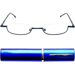 Mini Brille® Smalle Metalen Mini Half Frame Leesbril, Metaal Frame (Blauw), GRATIS Slim-Fit Aluminium Koker, Halve Maan Leesbril Mannen en Vrouwen +1,0 Dioptrie
