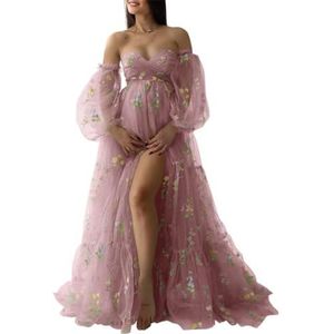 KIYNE Zwangerschapsjurk voor dames, met bloemenborduurwerk, tule, zwangerschapsjurk voor fotoshoot, vogeljurk, zwangerschapsjurk voor babyborrel, Stoffige Roos, 32