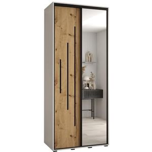 MEBLE KRYSPOL Davos 13 100 Kledingkast met twee schuifdeuren voor slaapkamer - Moderne Kledingkast met spiegel, kledingroede en planken - 235,2x100x60 cm - Wit Artisan Zwart