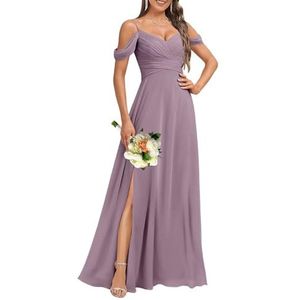 HPPEE Dames koude schouder V-hals chiffon bruidsmeisjes jurken met split geplooide formele jurk avondjurk, Wisteria, 32