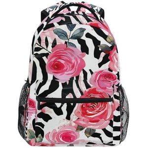 KAAVIYO Rose Flower Zebra Skin Print Rugzak Boekentas voor Jongen Meisje Tieners Reizen Laptop Schoudertas voor Vrouwen Mannen, Kunst Mode, M