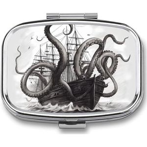 Vierkante pillendoos draagbare metalen pillenetui 2 compartimenten kleine reizen pillenorganisator schattige zwart-witte octopus en schip vitamines houder organizer voor portemonnee zak