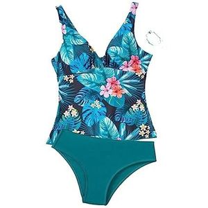 A 202 Badpak Split Nylon Effen Kleur Blad Afdrukken Schouderbanden Dames(Azul malaquita,XL)