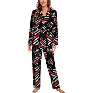 Rode Lijn Hart Vlag Brandweerman Lange Mouw Pyjama Sets Voor Vrouwen Klassieke Nachtkleding Nachtkleding Zachte Pjs Lounge Sets