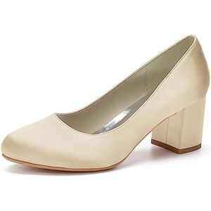 HFWXYSA Womens Dress Pumps Chunky Hakken voor Vrouwen Ronde Teen Mid Block Heels Slip On Pumps Schoenen voor Office Lady Dancer Trouwschoenen,Champagne,35 EU