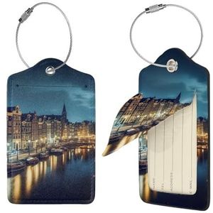 Amsterdam Night View Print Bagagelabel Leer met RVS Loop Privacy Cover Naam ID Labels voor Vrouwen Mannen