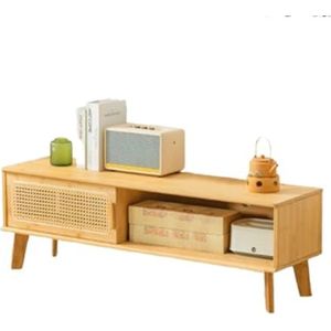 JAVYPPT Rotan tv-standaard voor 26-55 inch tv, bamboe entertainmentcentrum met schuifdeuren, retro tv-console met open opbergplanken, mediaconsoletafel voor woonkamer slaapkamer (120 cm)