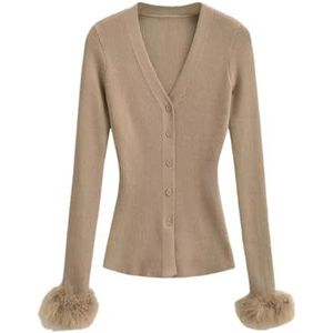 Dames V-hals Knoopvest Met Afneembare Verenmanchetten, Vintage Gebreide Trui Met Lange Mouwen(Khaki,S)