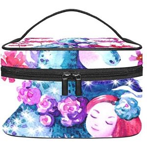 Roze Blauw Aquarel Eenhoorn Meisje Bloemen Make-up Organizer Tas, Reizen Make-up Tas Organizer Case Draagbare Cosmetische Tas voor Vrouwen en Meisjes Toiletartikelen, Meerkleurig, 22.5x15x13.8cm/8.9x5.9x5.4in