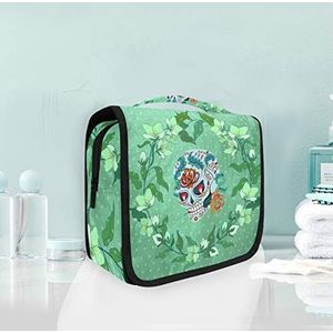 Hangende opvouwbare toilettas groene schedel bloem make-up reizen organizer tassen tas voor vrouwen meisjes badkamer