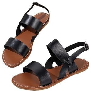 Dames Retro Romeinse Sandalen 2024 Nieuwe Platte Sandalen Met Gesp Zomer Peep Toe PU Lederen Sandalen Vrijetijdsstrandschoenen Grote Maten Pantoffels for Buiten (Color : Black, Size : 37 EU)