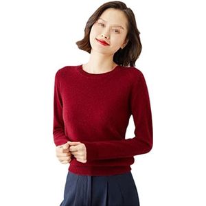 Dames trui O-hals kasjmier effen truien slanke dieptepunt lange mouw casual basic trui, Bordeaux, S