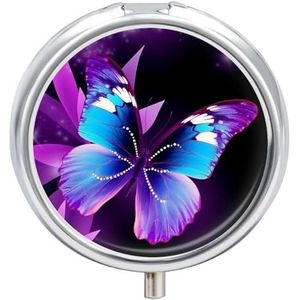 Blauw Paars Vlinder Pil Doos Voor Pocket Ronde Pillendoos 3 Compartiment Decoratieve Draagbare Reizen Pil Houder Tablet Vitamine Organizer Mini Pil Case
