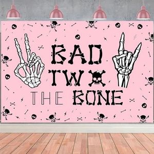 Wonmelody Bad Two The Bone Verjaardagsdecoraties voor meisjes Bad Two The Bone Verjaardagsachtergrond Roze Zwarte Achtergrond Banner Muziekthema Rock and Roll 2e Verjaardag Decor Born to Rock Party