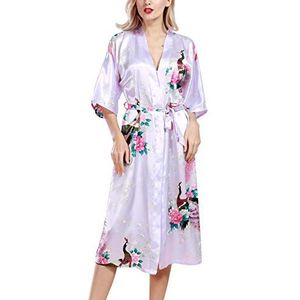 YAOMEI Kimono-ochtendjas voor dames, zijdeachtig satijn, nachtkleding, badjas met peacock en bloem, kimono, negligé, zijden robe, losse pyjama, lange lengte, lichtpaars, 3XL