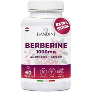 Bandini® Berberine 1000mg pure hoge dosering | Zuiver Berberin HCl uit Berberis Aristata 97% + Chroom en Zwarte Peper | Maximale opname | Spijsvertering, lever,darmfunctie | 60 veganistische capsules