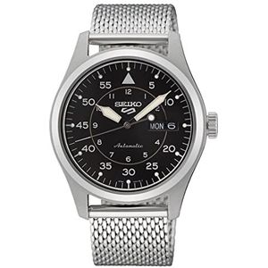 Seiko 5 Sports horloge SRPH23K1, Flieger horloge, automatisch, zwarte wijzerplaat, Milanese horlogeband