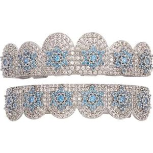 Iced Out Star Teeth Grillz, Goud/zilveren Afwerking voor Mannen en Vrouwen Diamond Mouth Rapper, Verwijderbare Tandversiering(Blue)