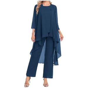 Mother of The Bride broekpak met jas, 3-delig, chiffon sets, ruches lagen, bruiloft, gast, outfit, marineblauw, 48