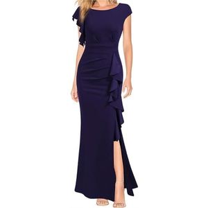 Formele jurken for dames, gastjurken, cocktailjurken, elegante geplooide mouwen(Navy blue,XXL)