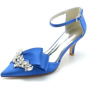Dames Aangerichte Teen Kitten Hakken Satijnen Bruids Pumps Enkelsluiting Bruiloft Prom Party Jurk Schoenen,Blauw,36 EU