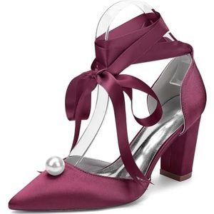 KYEGLO Sandaal Met Gesloten Teen En Grote Parel, Damesmodel Met Spitse Teen, Blokhak En Enkelbandje, Ideaal Voor Bruiloften, Schoolfeesten En Bruiloftsfeesten,Burgundy,36