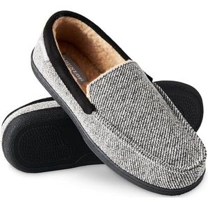 Dunlop Mocassins, slippers voor heren, nepbont, met rubberen zool en traagschuim, huisslippers, binnenschoenen, geschenk voor heren, Zwart/Wit, 45 EU