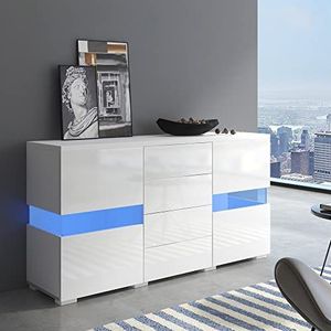 Idemon Hoogglans wit dressoir opslag kast kast eenheid met 16 kleuren LED-lampen voor eetkamer woonkamer 140 x 35 x 72 cm