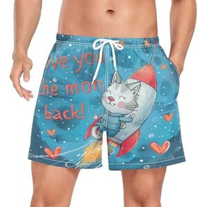 Valentine Heart Rocket Cat Kitten Zwembroek voor heren, sneldrogend, met zakken, Leuke mode, L