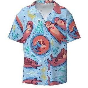 Dier Leuke Bruine Otters Print Mannen Korte Mouw Jurk Shirts Met Zak Casual Button Down Shirts Business Shirt, Zwart, M