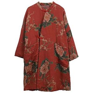 NFYM Katoenen damesjas, kimono, zachte gewatteerde bloemenprint, lange losse buitenkledingjassen met zakken (as1, alpha, one_size, plus, normaal, rood), Rood, one size grote maten