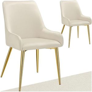 tectake® Eetkamerstoel - Fluweellook, Ergonomische gestoffeerde stoel met gouden stalen poten - Draagkracht 120 kg - Moderne leunstoel voor woonkamer en eetkamer - Keukenstoel - set van 2 - Beige