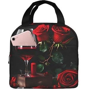 SUUNNY Rode roos en wijn Romantische Liefhebbers Decor Print Geïsoleerde Lunch Bag Tote Bag, Warmte Lunchbox Koeler Thermische Tas voor Werk